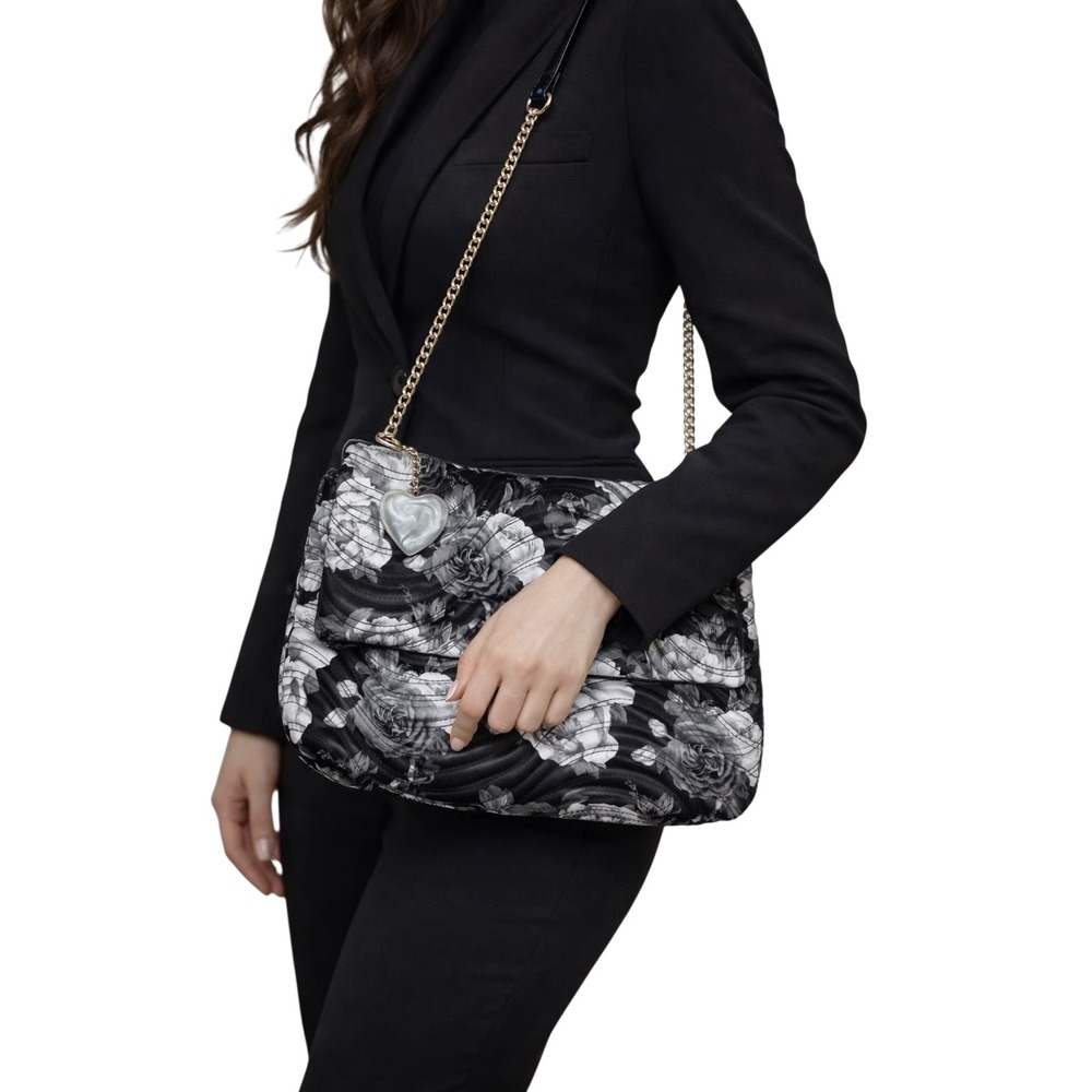 Betsey Johnson Black & White Floral Quilted shoulder bag‎ with Heart Charms